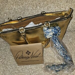Patricia Nash Metallic Gold Tote with Blue Patterned Scarf Accent
